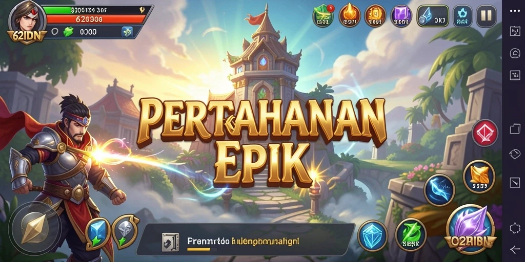 Screenshot gameplay 62IDN dengan menara yang siap bertahan dari serangan musuh.