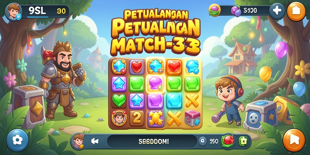 Screenshot gameplay 9SL menampilkan level Match-3 yang penuh warna.
