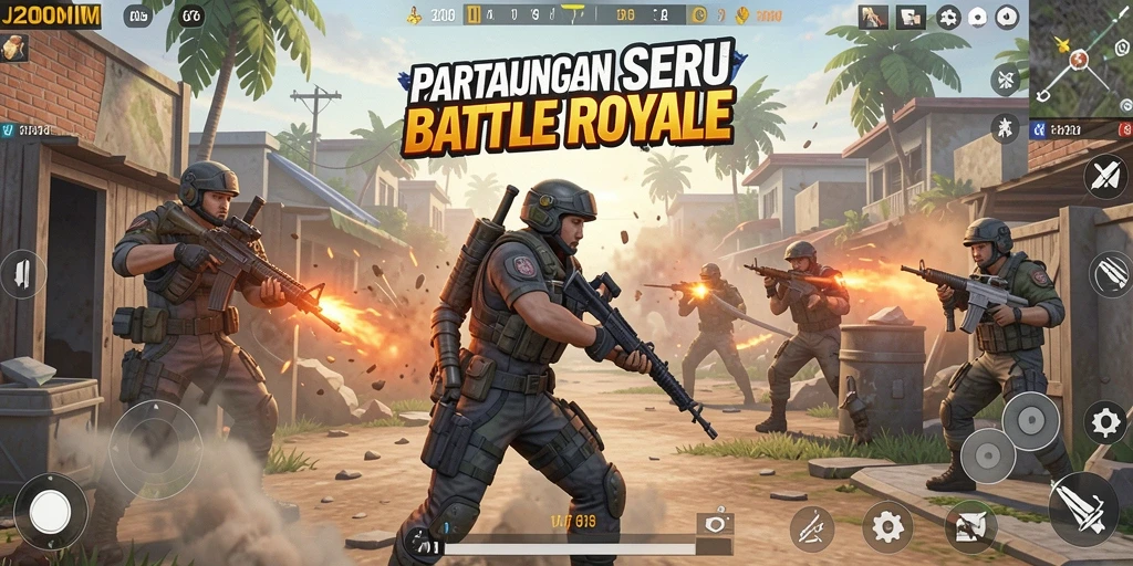 Screenshot gameplay J200M menampilkan aksi Battle Royale yang seru.