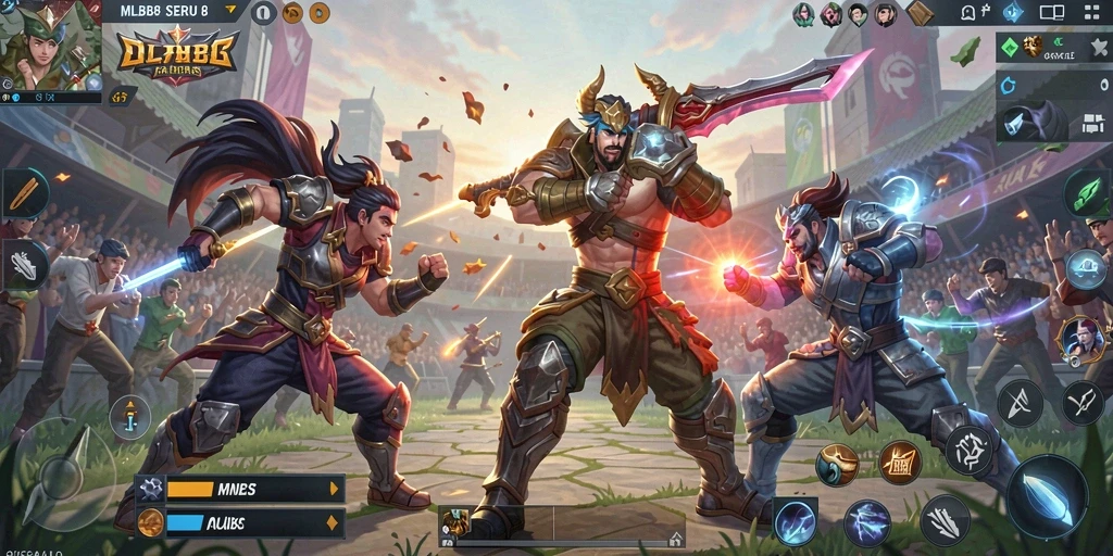 Tampilan dinamis gameplay Fighting di MLBB8 dengan karakter unik.