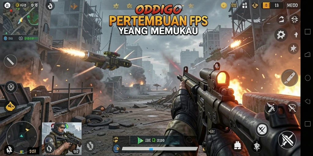 Screenshot gameplay ODDIGO menampilkan pertempuran FPS yang seru.