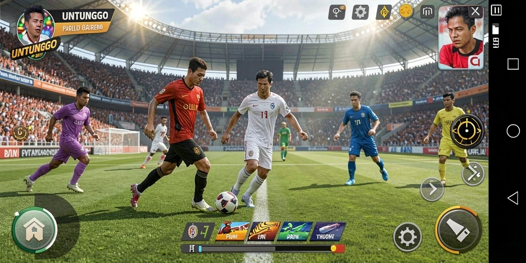 Screenshot UNTUNGGO menunjukkan aksi mencetak gol dalam permainan sepak bola yang seru.